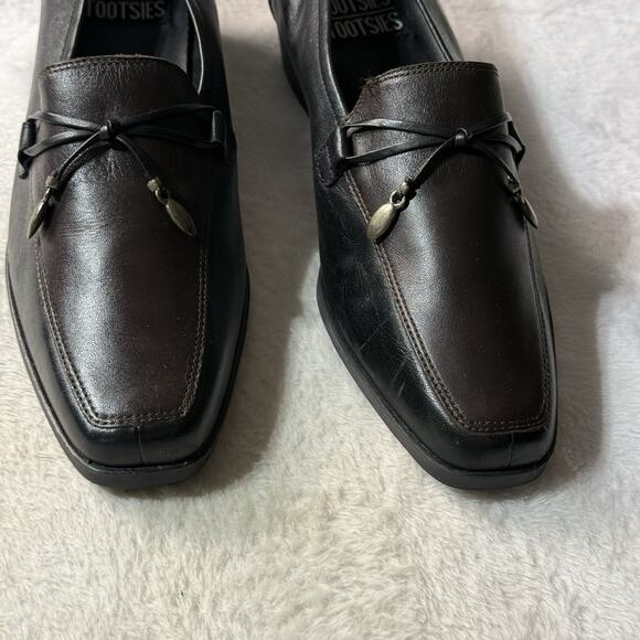 Mootsies Tootsie Leather Heel Loafers Y2K Square Toe Brown Black Bow Womens Sz 8 - Picture 3 of 4